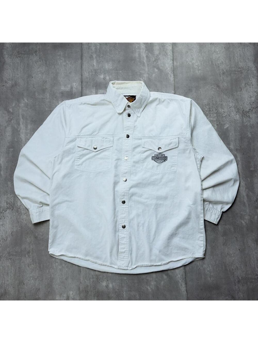 Y2K White Harley Davidson Grunge Biker Long Sleeve Button Up Shirt